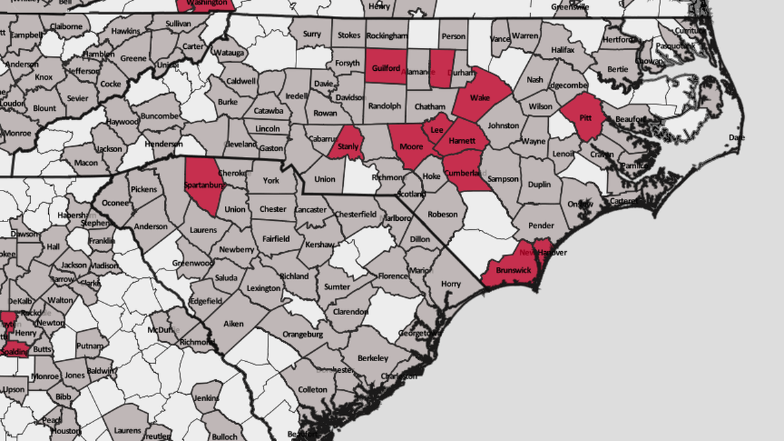 This map of EPA data, as prepared by the Environmental Work Group, shows in red the North Carolina counties that have tested positive for GenX or similar chemicals in the drinking water. Gray counties show where the chemicals were not detected, and white counties were not tested.