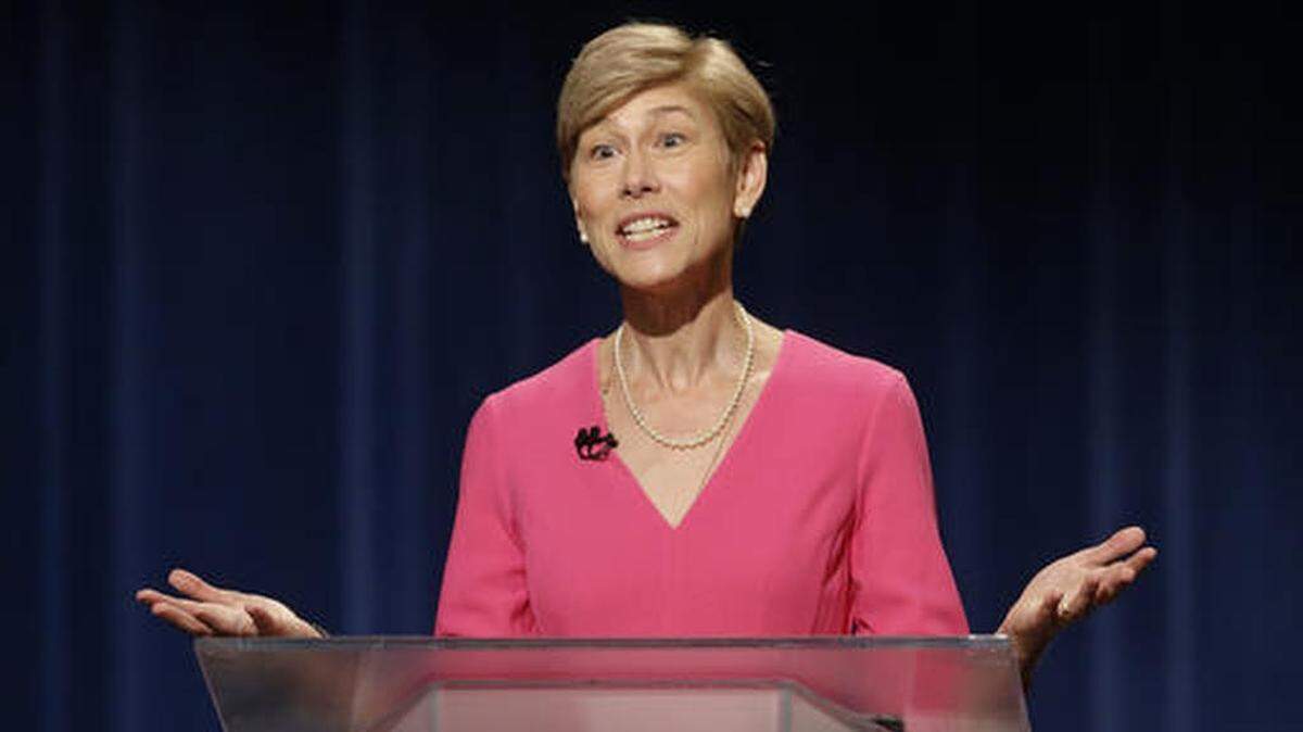Senate candidate Deborah Ross makes a comment during a debate with Sen. Richard Burr at UNC-TV studios in Research Triangle Park, N.C.