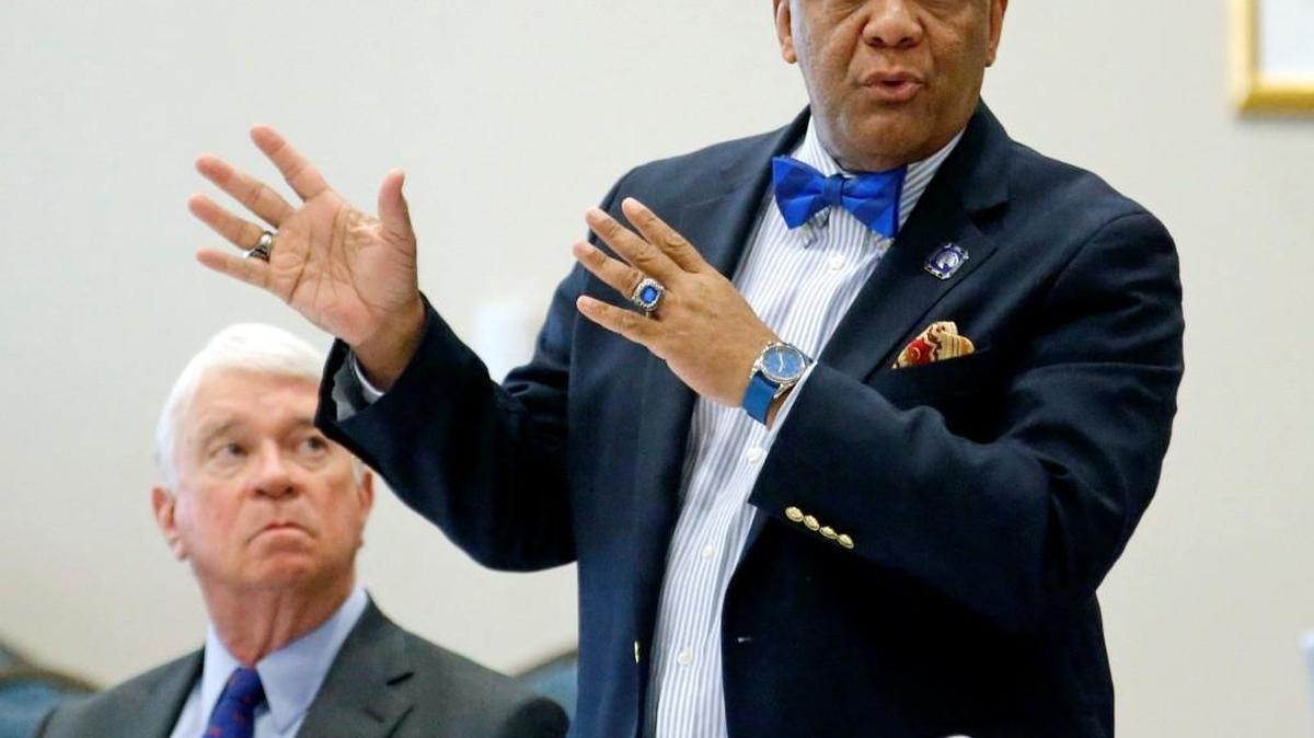 James Anderson, Chancellor of Fayetteville State University, right, speaks during a meeting of the UNC Board of Governors held at Fayetteville State University in Fayetteville on March 3, 2016.