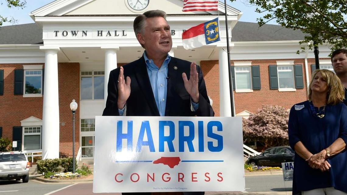 9th Congressional District candidate Rev. Mark Harris speaks to his supporters during a rally in Matthews on April 21,2016.