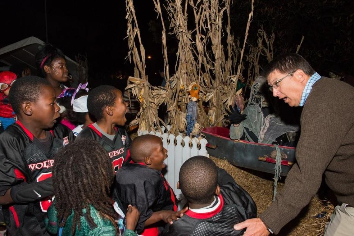 Then-Gov. Pat McCrory shows the "coffin" of Gov. Daniel Fowle during a Halloween event at the governor's mansion.
