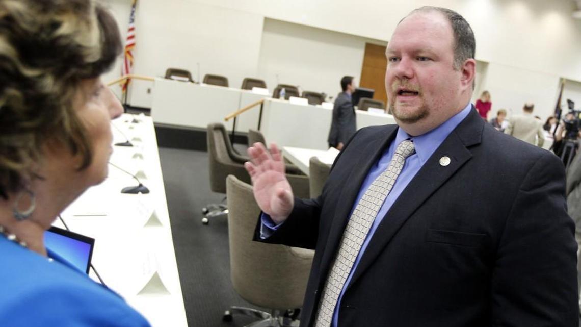 Sen. Ralph Hise, right, during a break in Senate Appropriations Committee meeting at the Legislative Office Building in Raleigh Thursday, May 29, 2014.