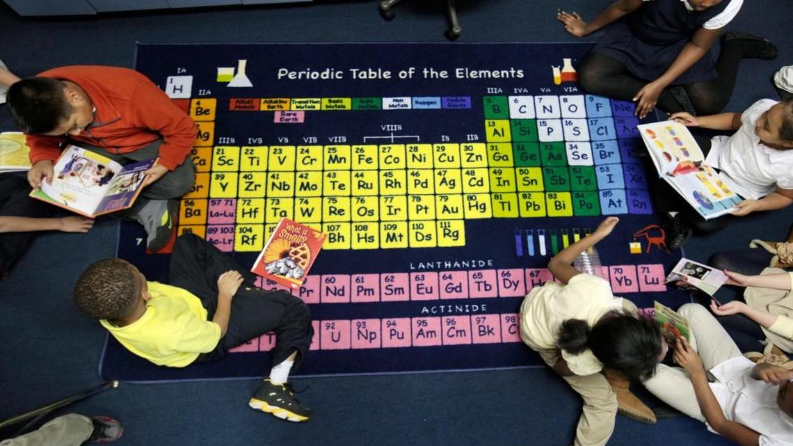 Durham, NC's Reaching All Minds Academy charter school third graders in biotech teacher Valerie Chambers' (cq) class spend time reading about ecosystems while seated on a carpet of the periodic table of the elements Monday afternoon, December 15, 2014.