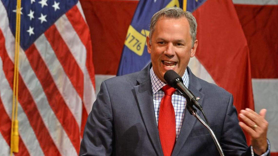 In this 2016 file photo, N.C. Lt. Governor Dan Forest speaks to the audience before Mike Pence, then the Republican candidate for vice president, takes the stage during an event in Raleigh.