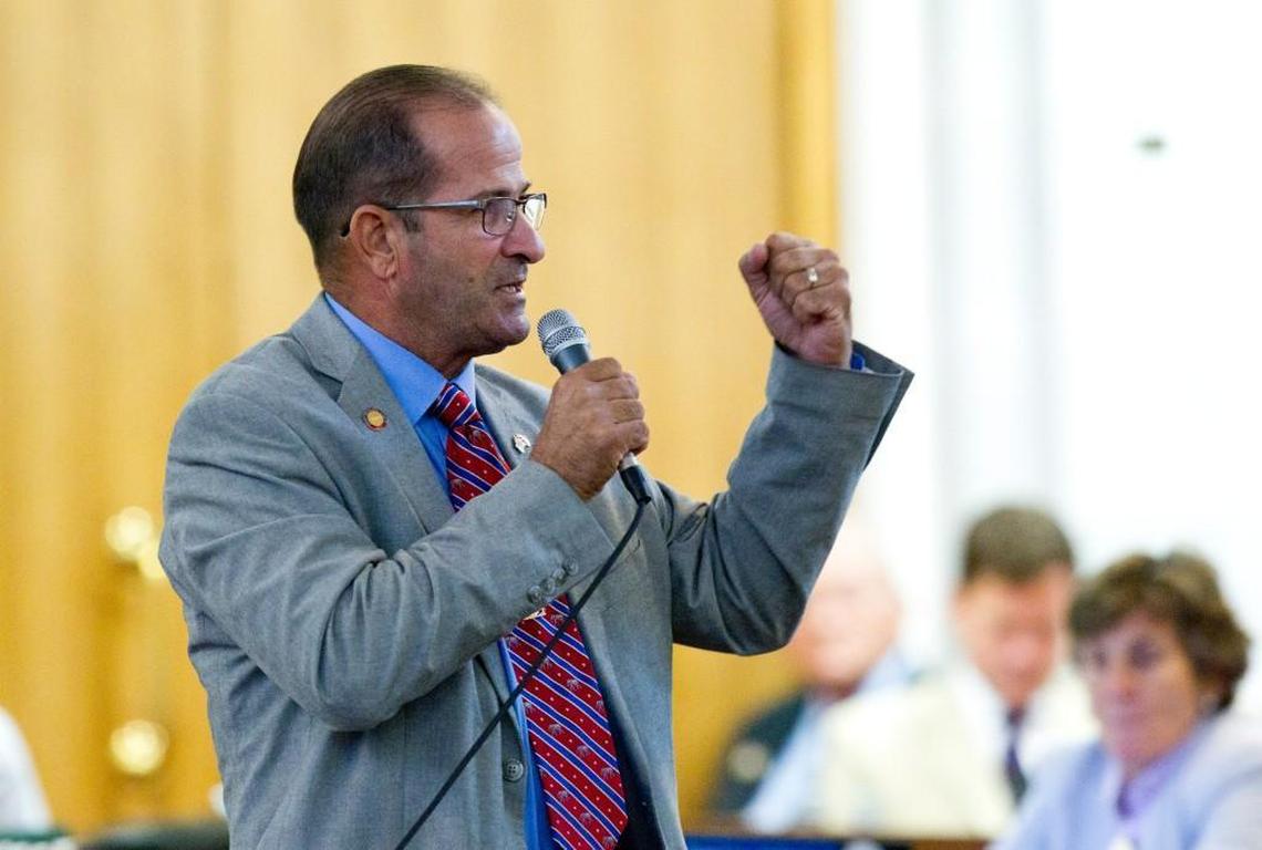 Rep. Michael Speciale (Rep) speaks as the N.C. House debated a sales tax bill during a session at the Legislative Building in Raleigh in August 2014. Speciale recently posted a resolution on Facebook that supports controversial U.S. Senate candidate Roy Moore of Alabama.