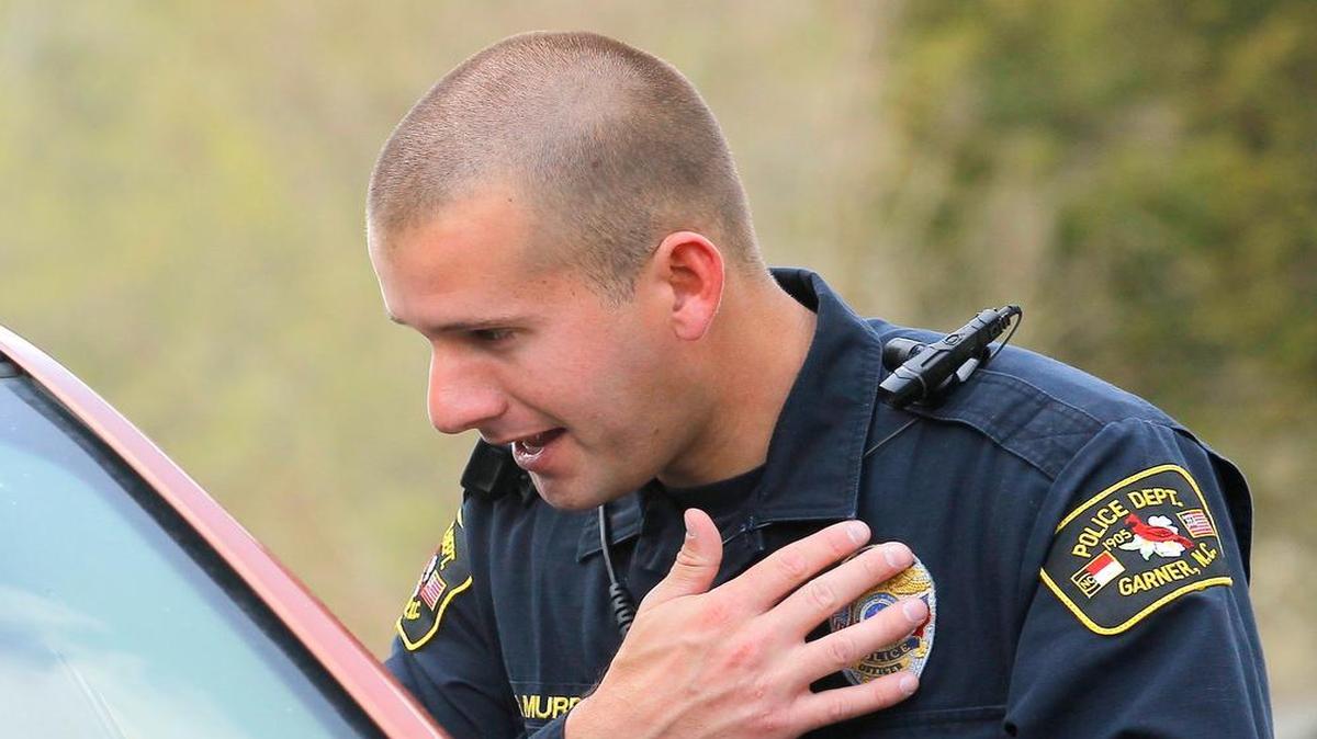 
Garner police officer Kevin Murray tests a body camera as he wears one on his patrol in Garner on April 8, 2015. 
