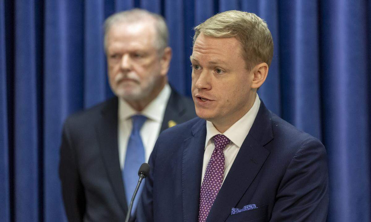 North Carolina House Speaker Destin Hall addresses the murder of Iryna Zarutska in Charlotte, N.C., during a press briefing on Sept. 11 at the General Assembly. Senate leader Phil Berger stands behind him.