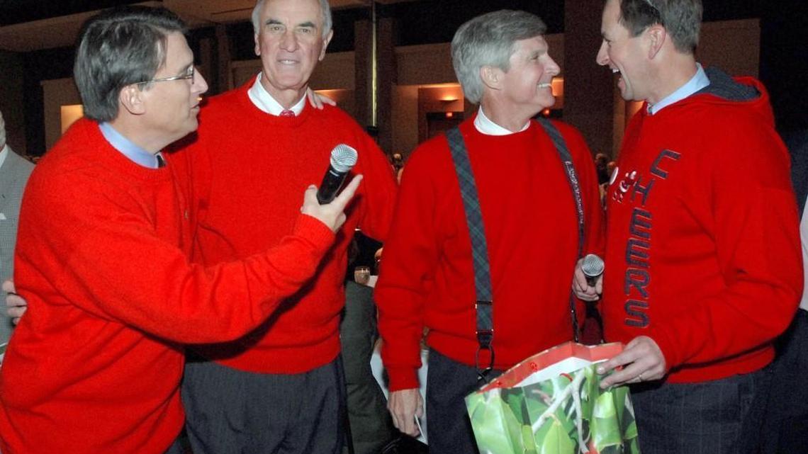From left, then Charlotte Mayor Pat McCrory, Graeme Keith, Mac Everett and Andy Dulin, at the Good Fellows Club holiday lunch in December 2007.