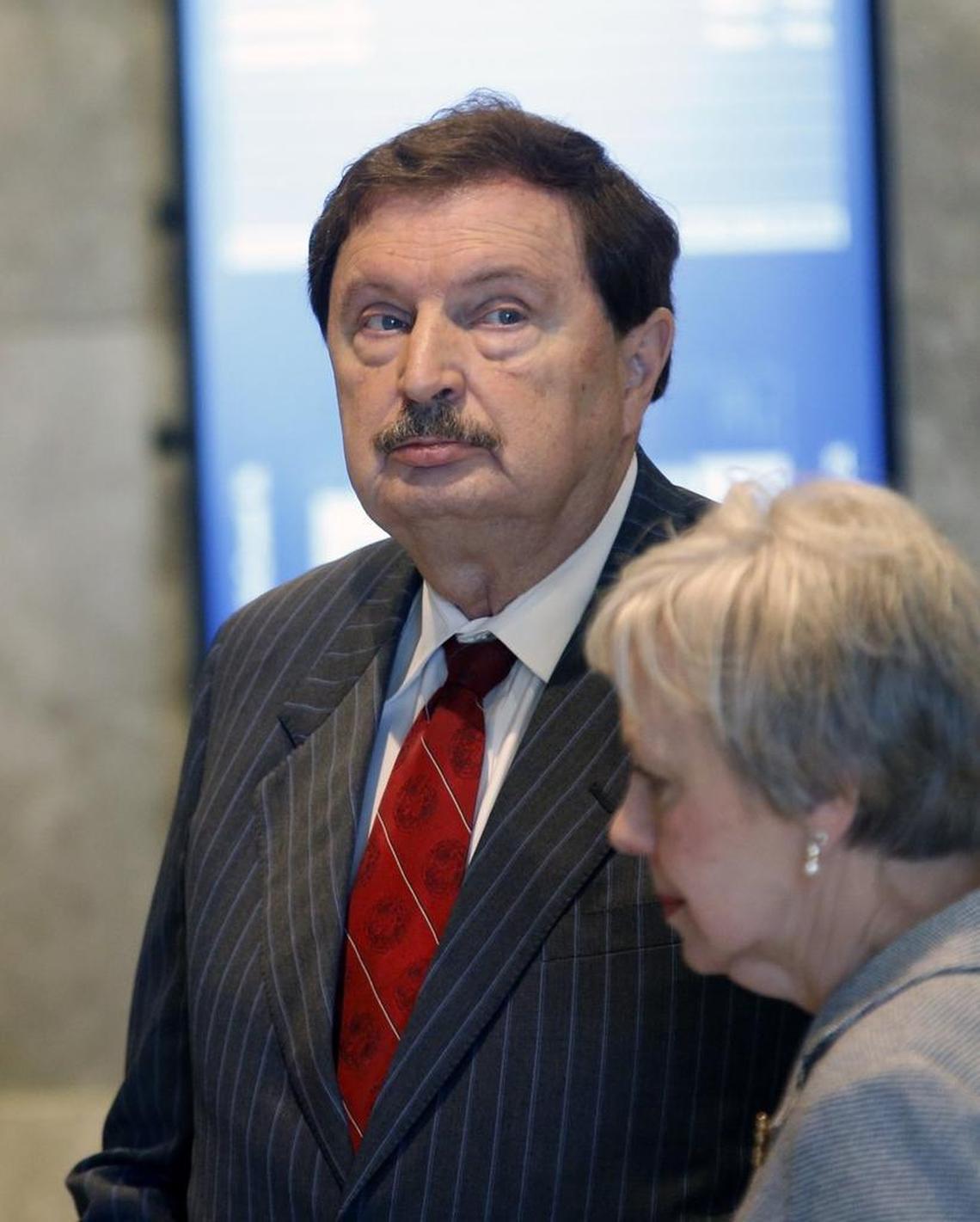 Fletcher Hartsell, a former NC senator and member of the state house of representatives, leaves court after he appeared before Wake County Superior Court Judge Donald Stephens in the Wake County courthouse to resolve state charges filed against him after he was accused of misusing state campaign finance money. He was sentenced in federal court on Tuesday to eight months in prison, a sentence that is set to begin in July. He pled guilty to the charges in this state court on Friday morning, May 19, 2017.