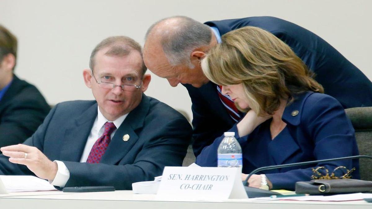 
Sen. Harry Brown, left, Sen. Brent Jackson, center, and Sen. Kathy Harrington – the Senate’s top budget writers – discuss the spending plan on June 16. With sharp differences between the House and Senate’s budget proposals, both chambers are working on a temporary budget agreement to keep state government running after June 30.
