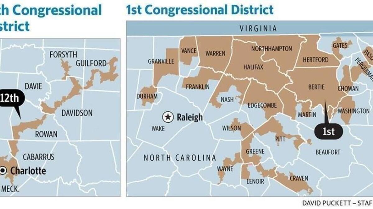 These maps show how two congressional districts looked in North Carolina before this year, when a three-judge federal panel ruled they were illegal racial gerrymanders.