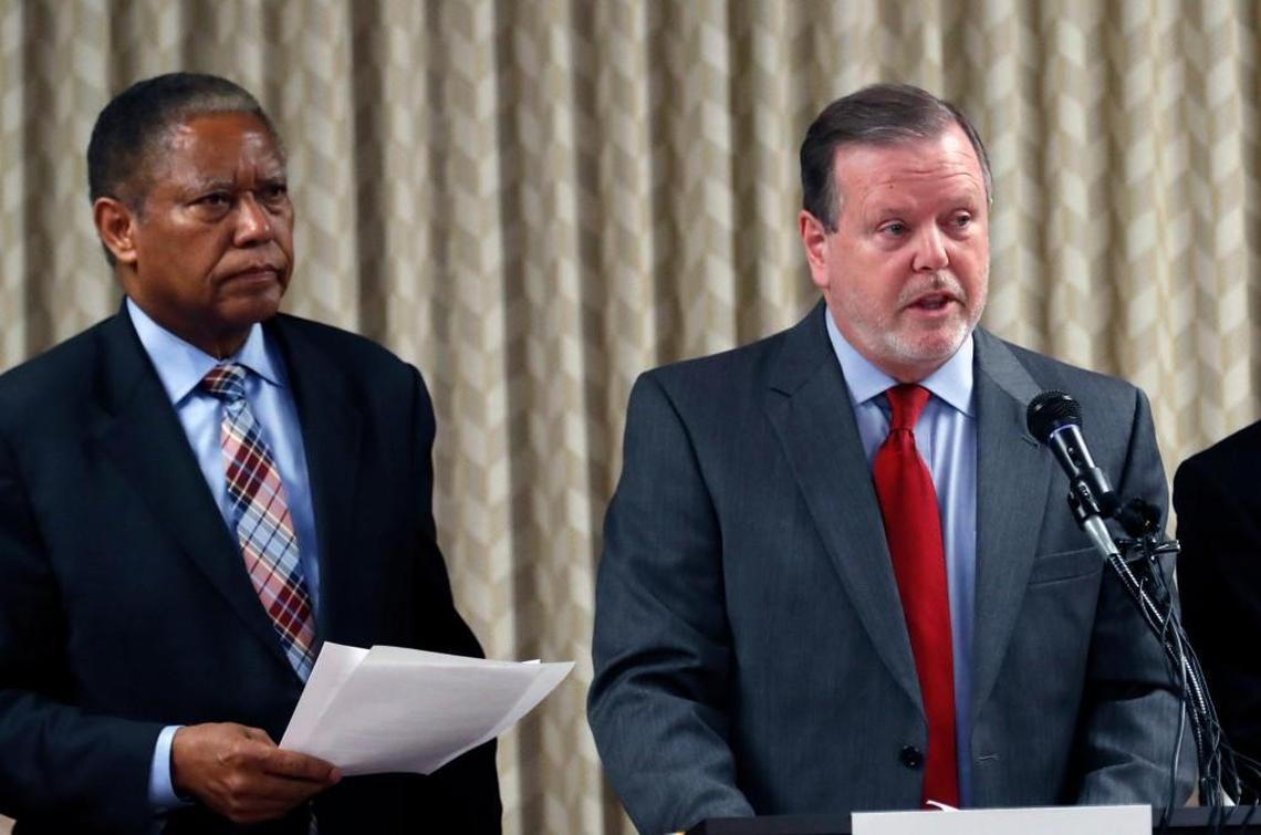 Republican N.C. Senate leader Phil Berger, right, and Senate Democratic leader Sen. Dan Blue announce a bill to replace HB2. The bill passed a Senate Rules Committee vote at the N.C General Assembly on March 30, 2017, and went to the full Senate.