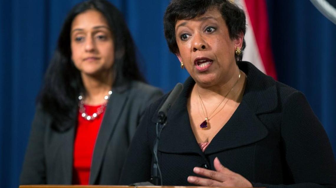 Vanita Gupta, former head of the U.S. Justice Department’s civil rights division listens as former U.S. Attorney General Loretta Lynch speaks during a news conference last May. The legal action taken then against North Carolina’s House Bill 2 was dismissed Friday by Donald Trump’s justice department.