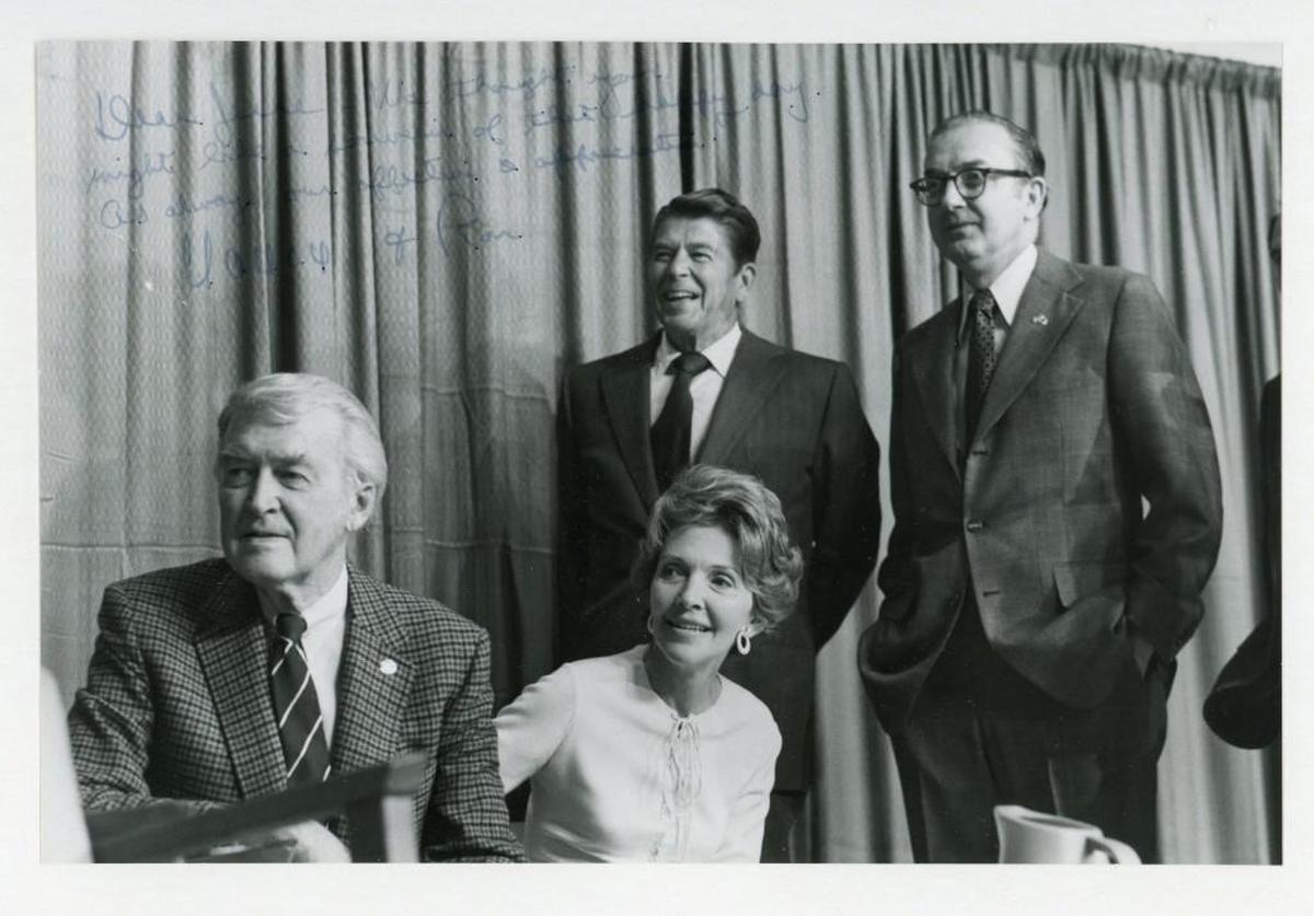 Actor Jimmy Stewart, Nancy Reagan, Ronald Reagan and Sen. Jesse Helms in 1976.
