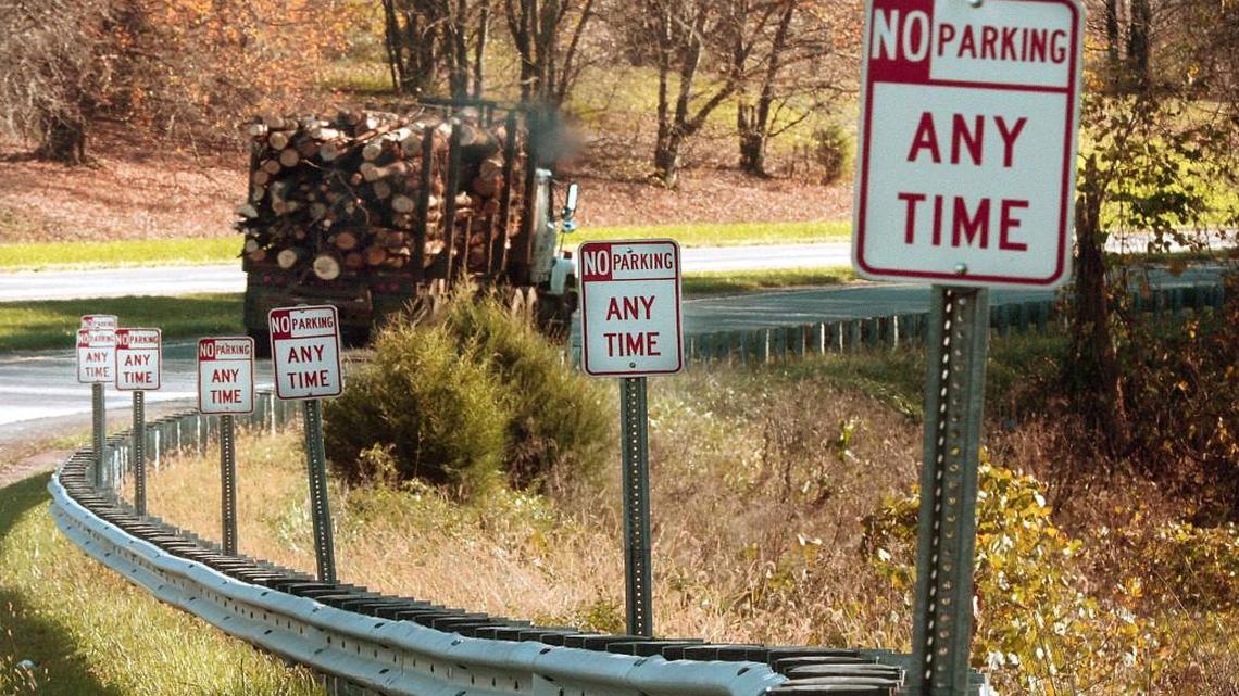 The entrance ramp to southbound I-77 Exit 93, Zephyr Road in Dobson is loaded with signs warning of a "No Parking" along the ramp. Surry County in northwestern North Carolina is where NC Highway Patrol troopers write the most tickets for roadside napping to interstate truckers.