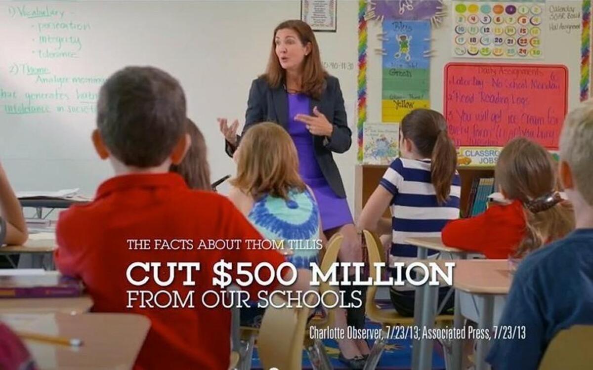 Vivian Connell, a Chapel Hill teacher, was featured in a television ad funded by The National Education Association Advocacy Fund that attacked Thom Tillis' record on education. The super PAC for the largest teachers union in the country launched the seven-figure TV and digital ad buy in Sept. 2014. The commercial aired in 95 percent of North Carolina for a week at a cost of $1.7 million.