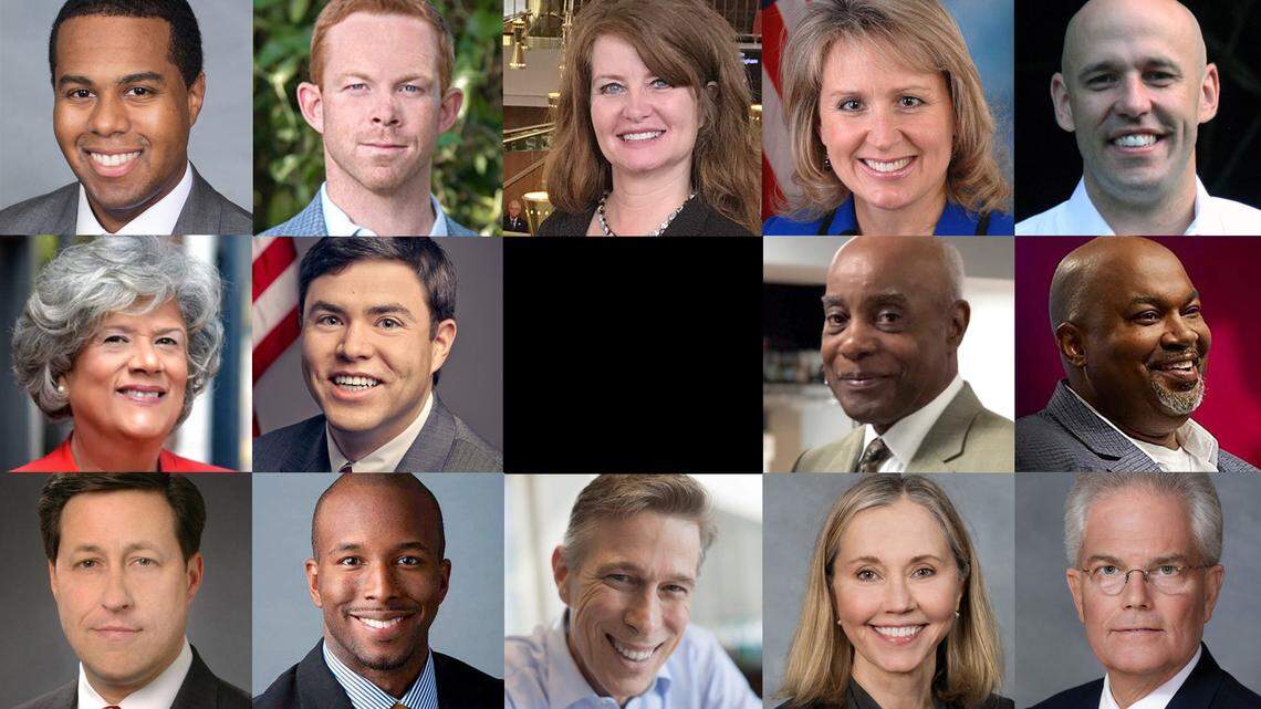 2020 candidates for lieutenant governor in North Carolina, starting at top left: state Rep. Chaz Beasley (D), Buddy Bengel (R), former Mount Airy Mayor Deborah Cochran (R), former U.S. Rep. Renee Ellmers (R), Greg Gebhardt (R), state Rep. Yvonne Lewis Holley (D), State Superintendent Mark Johnson (R), Ron Newton (D), Mark Robinson (R), former N.C. Rep. Scott Stone (R), Hoke County Commissioner Allen Thomas (D), Bill Toole (D), state Sen. Terry Van Duyn (D), and state Sen. Andy Wells (R).