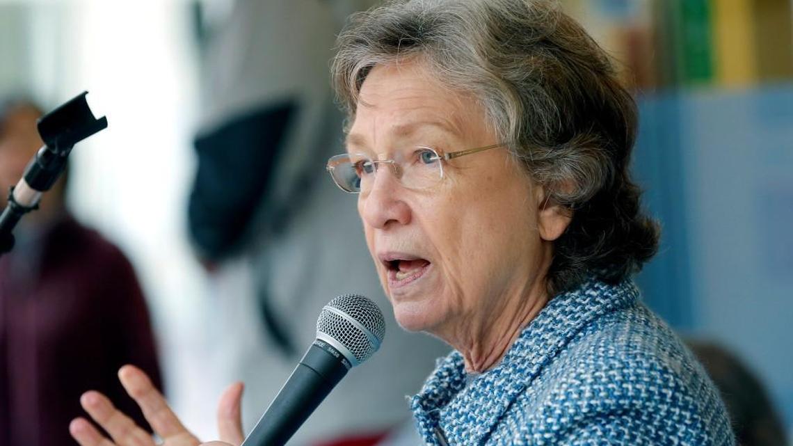 N.C. Rep. Verla Insko speaks as a rally held at the Student Stores on the UNC campus on Monday, Nov. 30, 2015.
