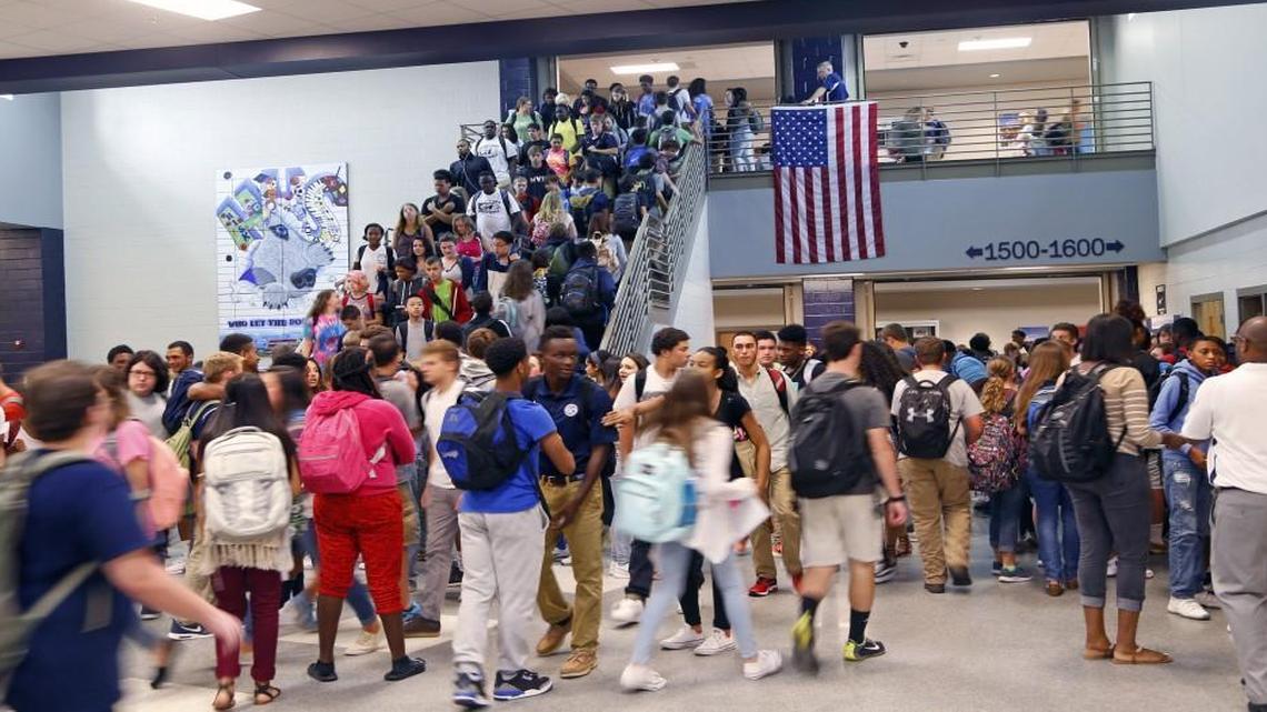 Students crowd a stairway as classes change at Heritage High School in Wake Forest NC on Sept. 10, 2015.