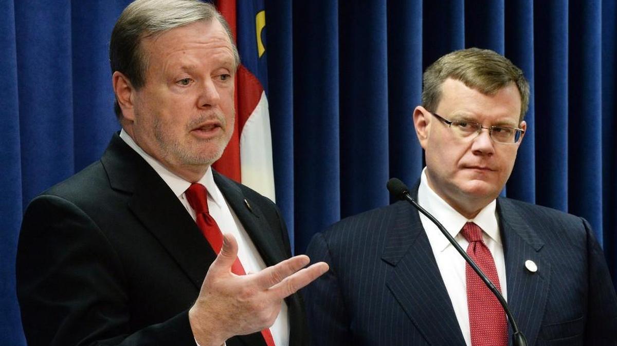 
Sen. Phil Berger (R), President Pro Tempore of the N.C. Senate, left, and Rep. Tim Moore (R), Speaker of the House hold their first joint press conference during the opening of the 2015 session of the N.C. General Assembly in Raleigh, NC Wednesday, January 14, 2015.
