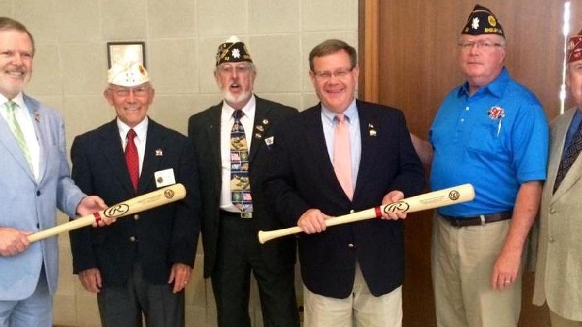 
Officials from the American Legion World Series baseball tournament in Cleveland County visited House Speaker Tim Moore, center, and Senate leader Phil Berger, left, last month at the Legislative Building. Moore included a $200,000 grant for the group in the House budget proposal.
