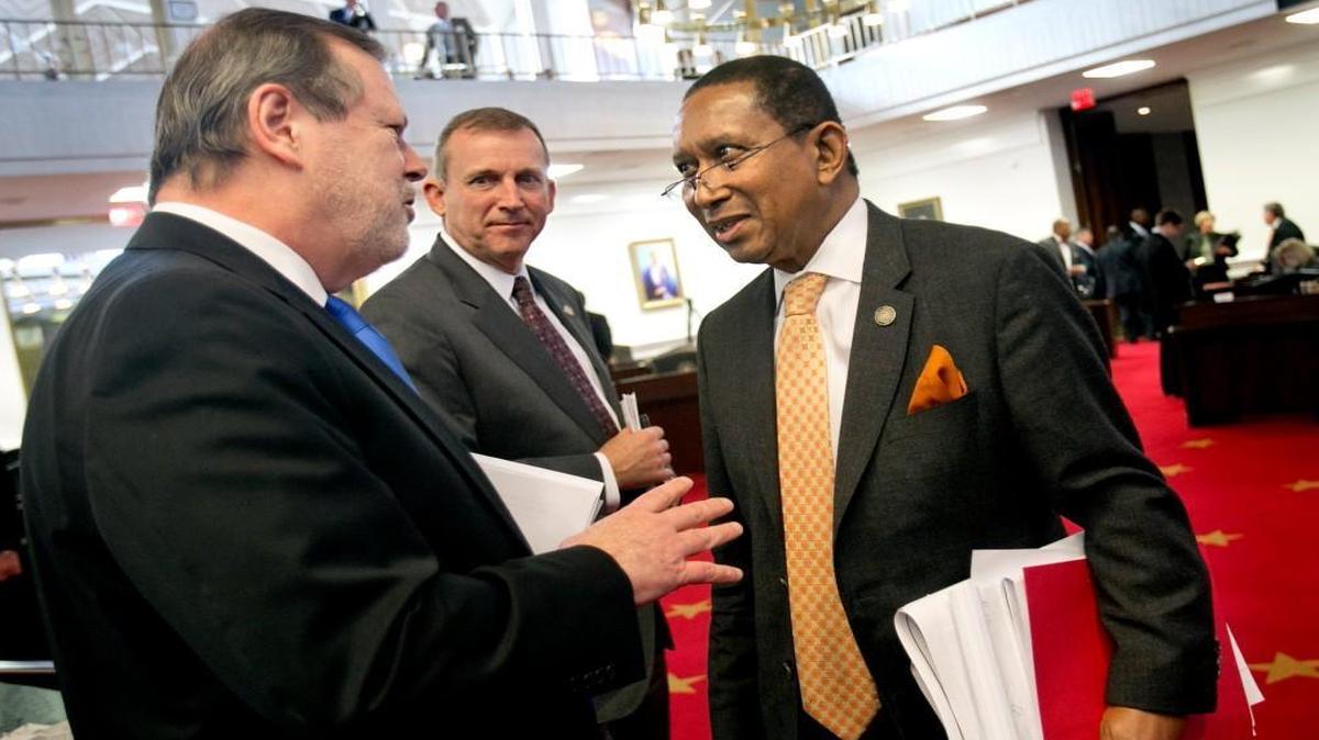 Republican Senate leader Phil Berger, left, Majority Leader Harry Brown, center and Democratic Sen. Floyd McKissick on Tuesday, February 16, 2016 at the N.C. General Assembly. McKissick objected to elements of the budget developed by Berger and Brown.