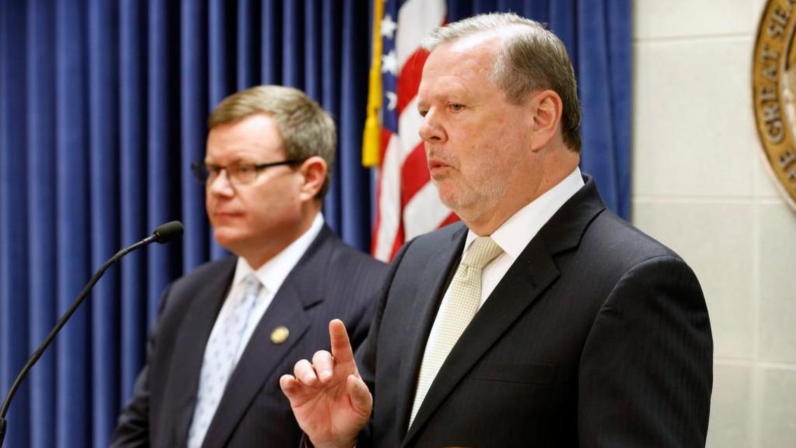 Republican leaders Rep. Tim Moore, Speaker of the N.C. House, left, and Sen. Phil Berger, President pro tem of the N.C. Senate, hold a press conference at the Legislative Building in Raleigh Tuesday evening March 28, 2017.