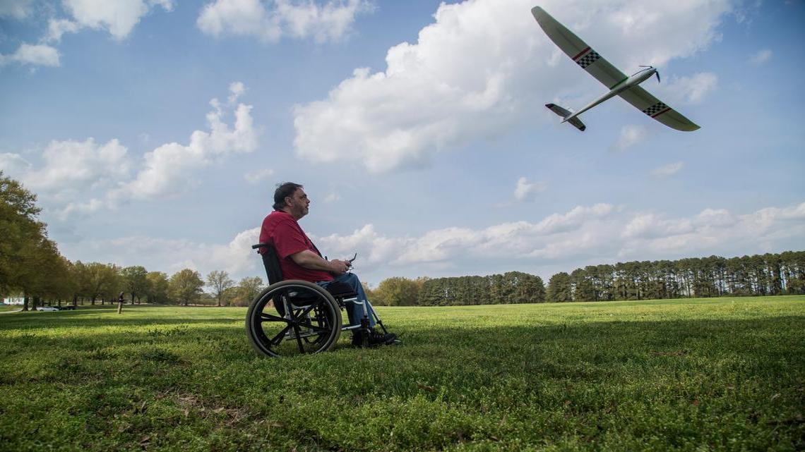
Tim Bagnall of Apex flies his electric-powered sail plane Wednesday, April 8, 2015 at the Dorothea Dix campus in Raleigh. 