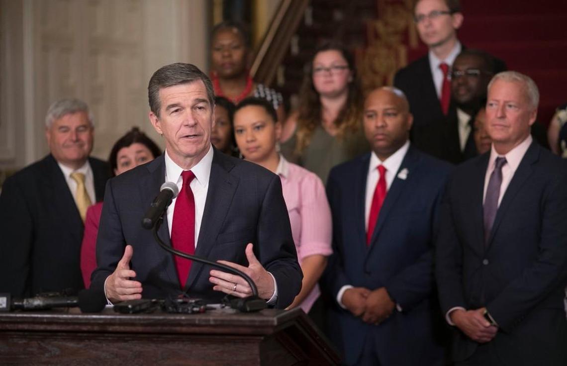 North Carolina Gov. Roy Cooper says he will veto the budget bill from the North Carolina legislature during a press conference at the Executive Mansion on June 26, 2017 in Raleigh.