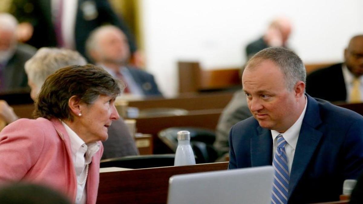 Rep. Pricey Harrison, left, a Greensboro Democrat, talks with Rep. Darren Jackson, Democratic leader of the N.C. House, on the House floor as the N.C. General Assembly convenes at the Legislative Building in Raleigh, NC, on Jan. 25, 2017