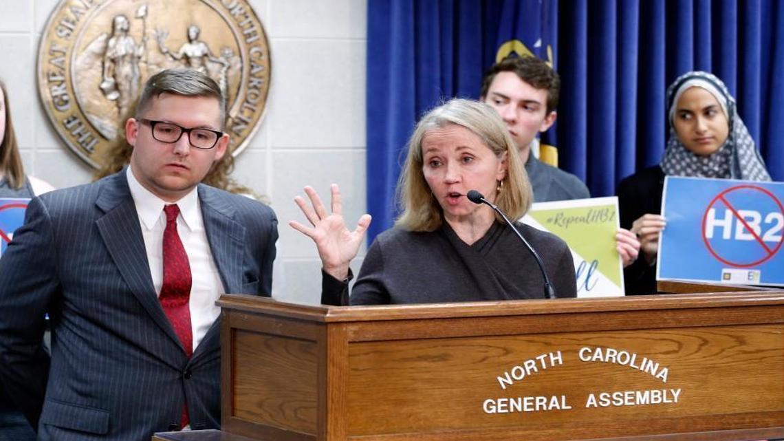 N.C. Sen. Terry Van Duyn of Asheville has said she plans to run for lieutenant governor in 2020. She’s shown here with Matt Hirschy of Equality NC, left, speaking out against HB2 during a press conference at the N.C. General Assembly in Raleigh on Feb. 28, 2017.