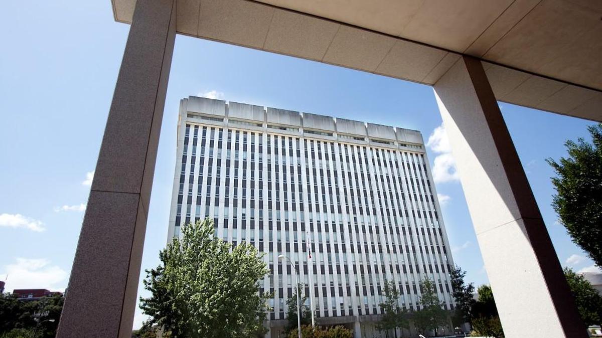 The Albemarle Building, as seen through columns on the Legislative Office Building across the street on Tuesday, September 2, 2014, is part of the state government complex in downtown Raleigh.