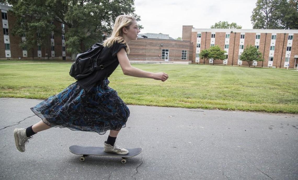 Hunter Schafer skateboards outside her dorm Sept. 16, 2015, at UNC School of the Arts in Winston-Salem.