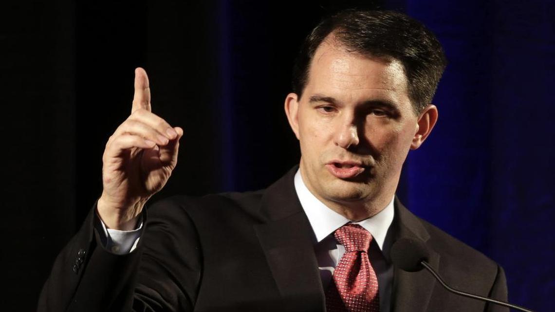 
Wisconsin Gov. Scott Walker delivers comments during the North Carolina Republican Party convention in Raleigh on Friday, June 5, 2015.
