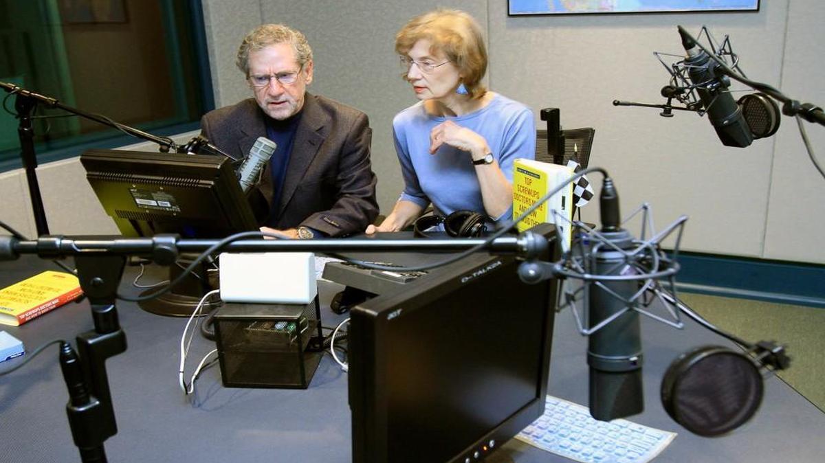 The People's Pharmacy radio talk show hosts Joe, left, and Terry Graedon record their public radio show at the WUNC studios in Durham on Oct. 6, 2011.