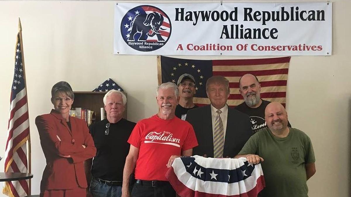 “The Haywood Five” pose with cutouts of former vice presidential candidate and Alaskan governor Sarah Palin and President Donald Trump at the Haywood Republican Alliance headquarters. From left: Monroe Miller, Richard West, Eddie Cabe, Paul Yeager and Jeremy Davis.