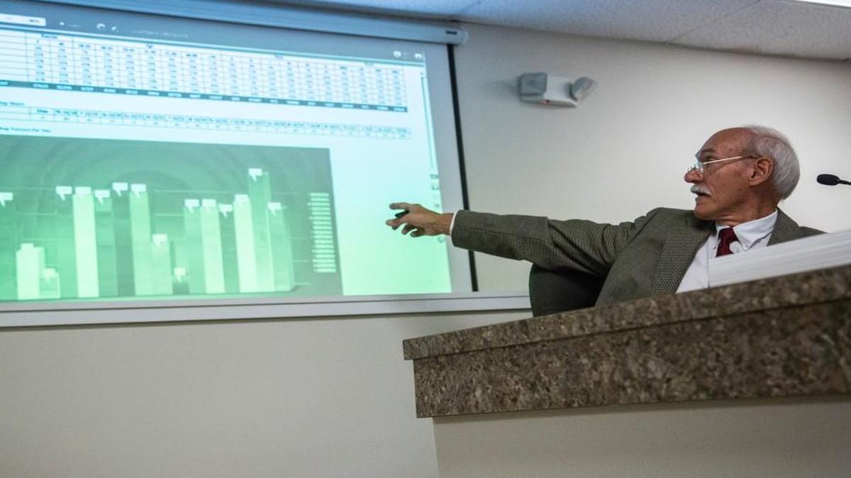 Sate Board of Elections member, James Baker, a Republican, references early voting data during a meeting to set county early voting days at the State Board of Elections in Raleigh.