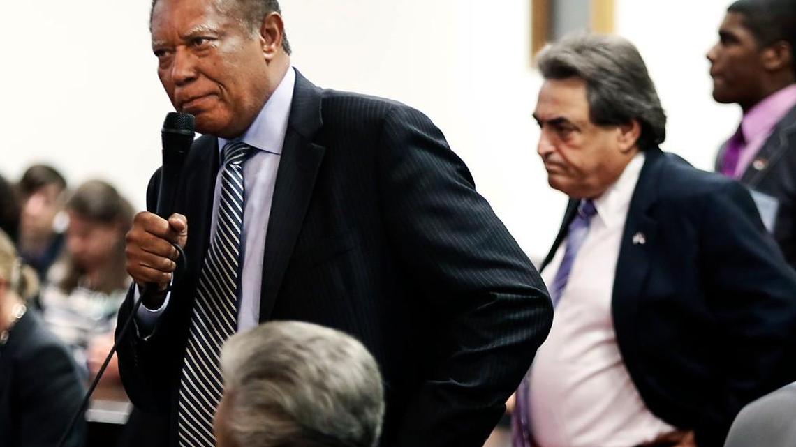 
State Sen. Dan Blue, D-Wake, pleads for more time for senators to read the budget compromise bill before voting on it Tuesday, as Sen. Bob Rucho, R-Mecklenburg, listens.
