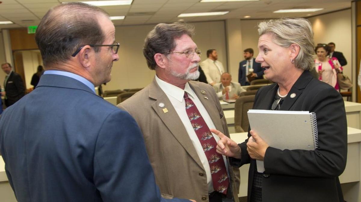 Rep. Deb Butler, right, a New Hanover County Democrat, discusses gun laws in North Carolina with Rep. Larry Pittman, a Cabarrus County Republican, and Rep. Michael Speciale, left, a Craven County Republican, following a committee meeting on Wednesday, May 31, 2017.