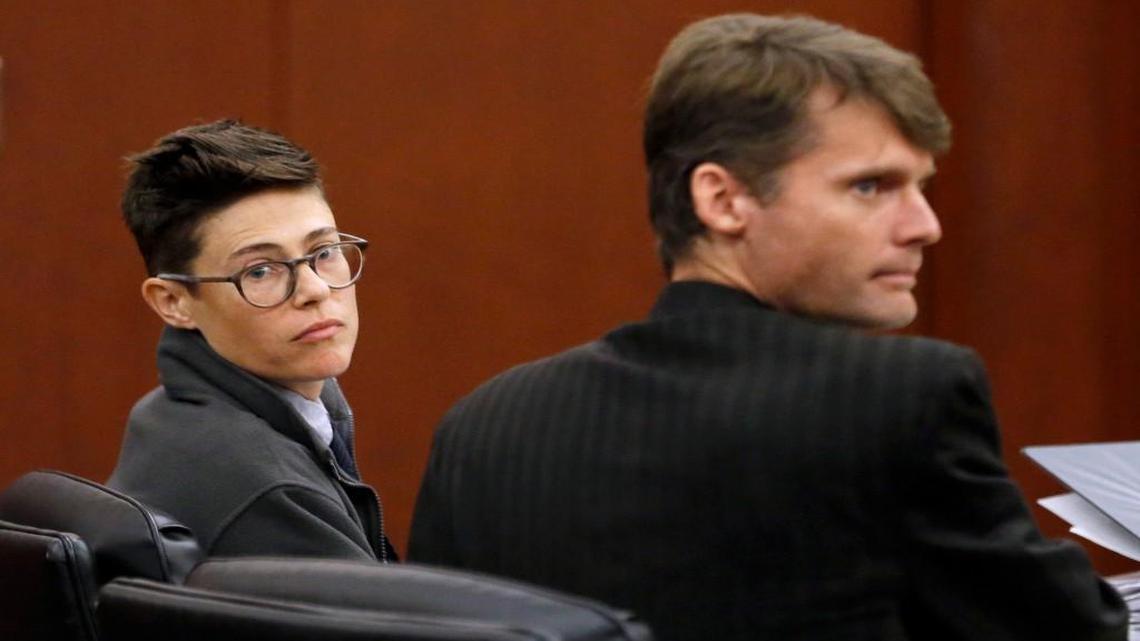 Gigi Burkhalter, left, sits with her attorney Scott Holmes during her trial in a Wake County courtroom in Raleigh, NC on Nov. 2, 2016. She was arrested on littering charges for leaving a toilet in front of the Governor's Mansion to protest HB2. Her case was heard, but the judge needed more time than he had and said he would give his decision at a later date.