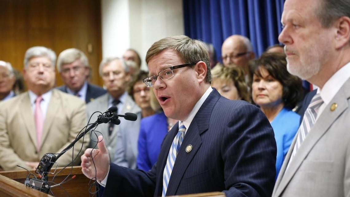Speaker of the House Tim Moore at the North Carolina legislative building in September 2015. At right is Senate President Pro Tem Phil Berger.