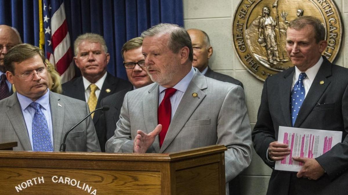 During a Monday June 19, 2017, press conference, N.C. Senate leader Phil Berger explains parts of compromise North Carolina state budget that includes an average pay raise of 3.3 percent for teachers in the coming year, and a raise for most other state employees’ pay by a flat $1,000. Retired state employees would receive a 1 percent cost-of-living increase in their pension checks.