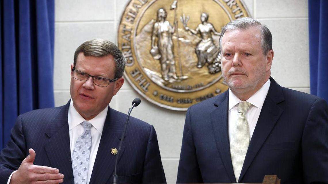 Republican leaders Rep. Tim Moore, Speaker of the N.C. House, left, and Sen. Phil Berger, President pro tem of the N.C. Senate announce they thought they had reached a compromise with Democratic Gov. Roy Cooper on a replacement for HB2.
