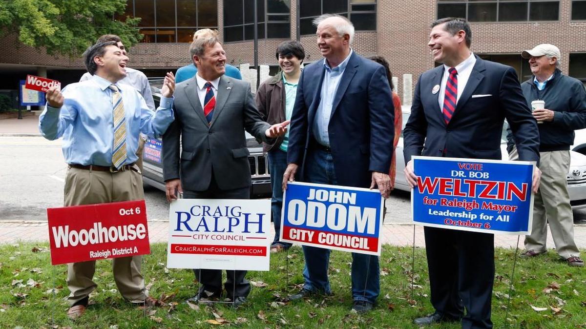 Republican candidates for the Raleigh City Council rally to drum up support before the 2015 elections. Some GOP legislators want to make municipal elections partisan, with the party affiliations of candidates listed on the ballot.