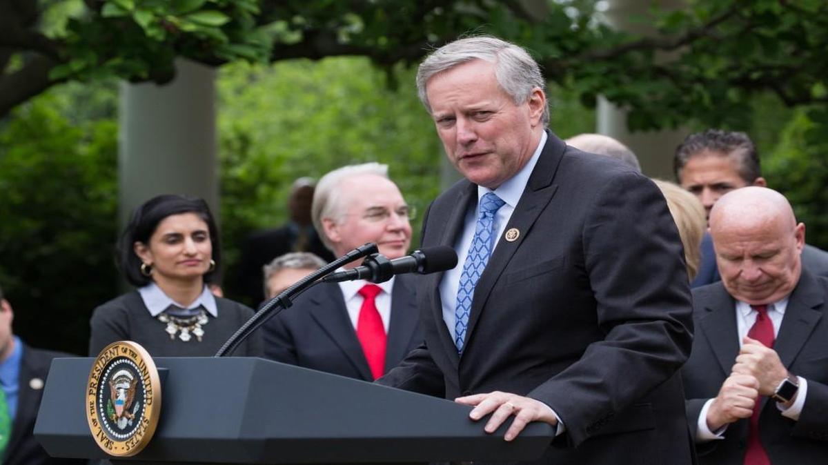 Rep. Mark Meadows, chairman of the Freedom Caucus, speaks at President Trump’s press conference with members of the GOP on the passage of legislation to roll back the Affordable Care Act on May 4, 2017, in the Rose Garden of the White House.