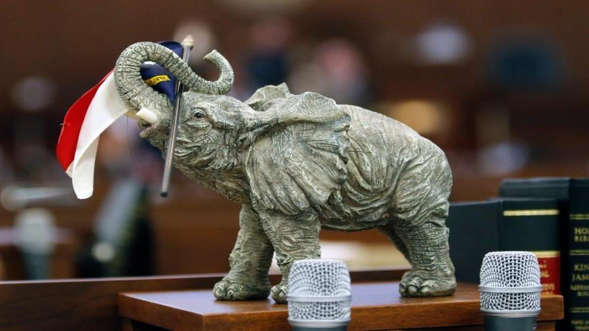 A GOP elephant adorns the desk of a Republican lawmaker in the N.C. House as the N.C. General Assembly convenes at the Legislative Building in Raleigh, NC, on Jan. 25, 2017.