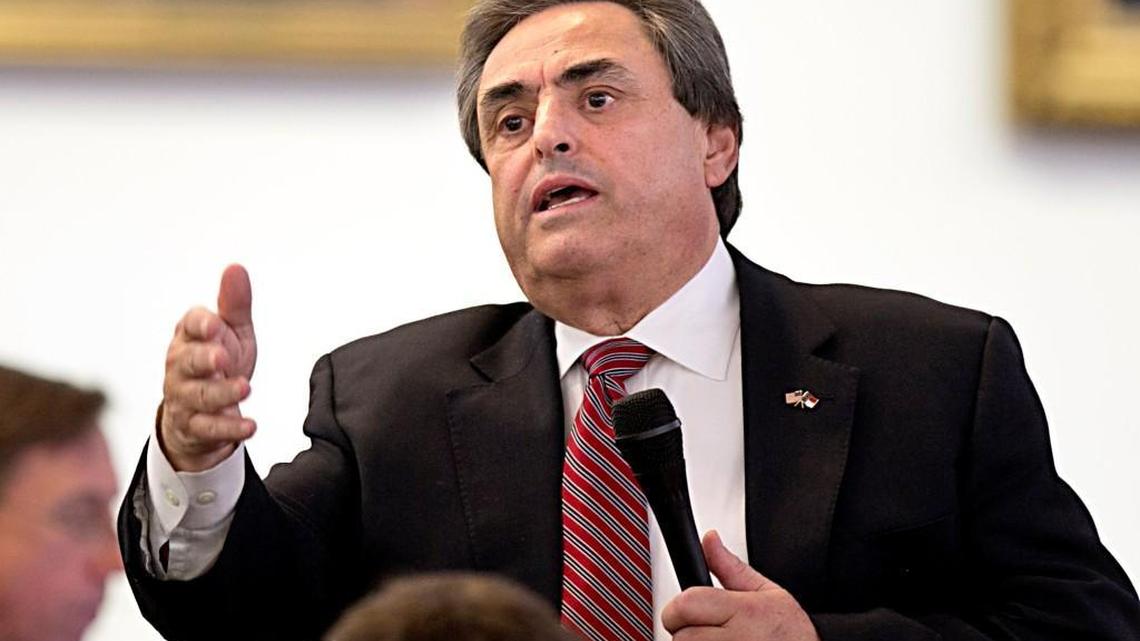 Senator Bob Rucho (Rep) debates the redistricting bill on the senate floor with Floyd McKissick, Jr. (Dem), not seen, during a discussion period on Tuesday, February 16, 2016 at the N.C. General Assembly.