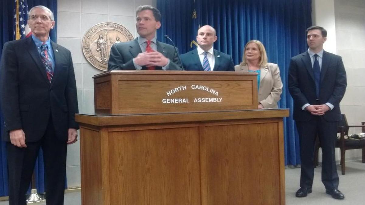 From left, Rep. John Szoka, Rep. Grier Martin, Sen. Danny Britt, Rep. Holly Grange and Sen. Jeff Jackson hold a press conference Tuesday to promote legislation that helps members of the military.