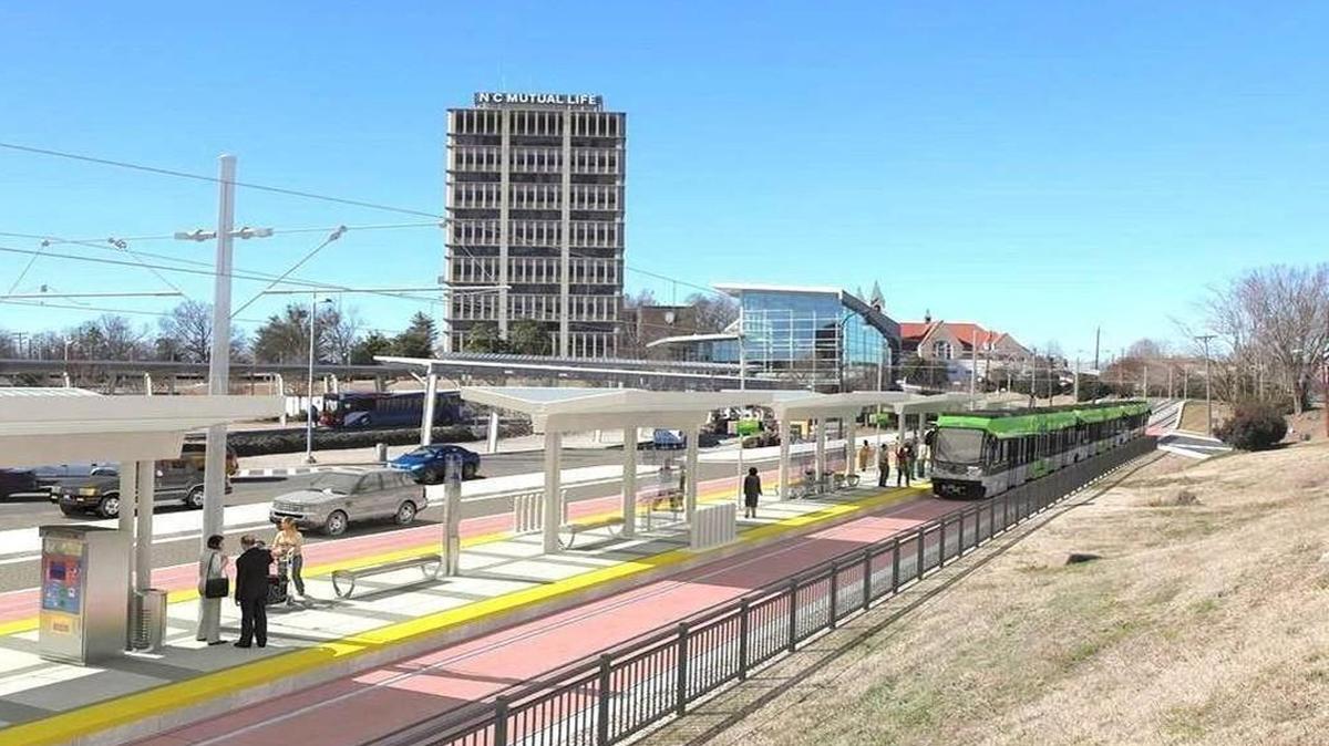 A rendering of what the planned Orange-Durham light rail line will look like.