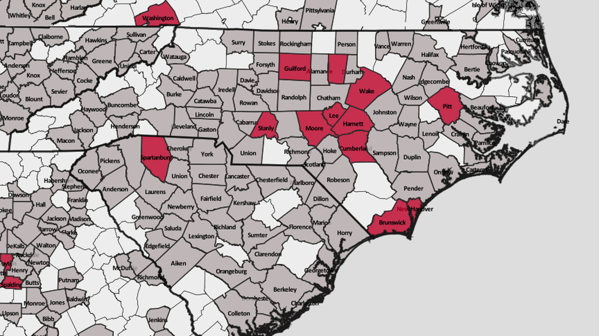 This map of EPA data, as prepared by the Environmental Work Group, shows in red the North Carolina counties that have tested positive for GenX or similar chemicals in the drinking water. Gray counties show where the chemicals were not detected, and white counties were not tested.